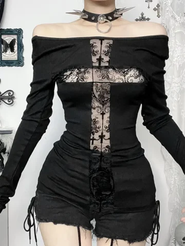 Gothic Women Sexy Cross Perspective Shoulder Long Sleeve T-Shirt