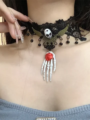 Gothic Vintage Black Lace Skull Necklace