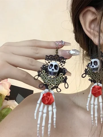 Gothic Vintage Black Lace Skull Earrings