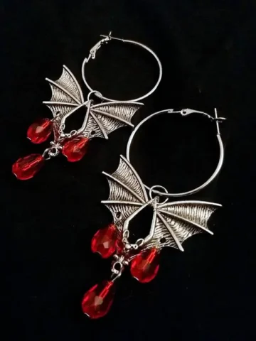 Halloween Gothic Exaggerated Red Vampire Bat Glass Crystal Hoop Earrings