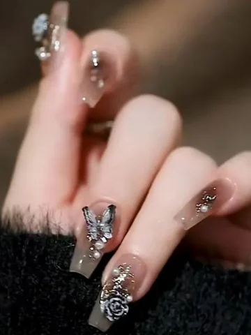 Dark Color Gothic White Medium Ballet Armor Crystal Butterfly Camellia Press On Nails