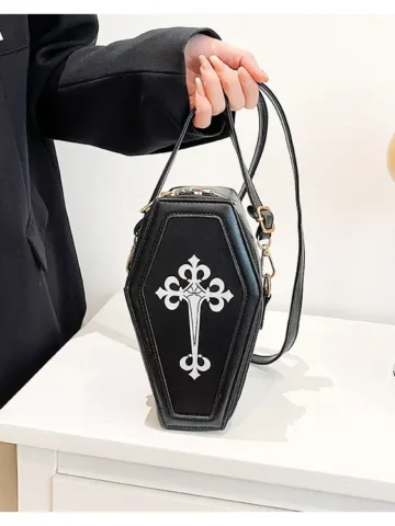 Gothic Women Fashion Vintage Cross Pattern Zipper Design Solid Color PU Crossbody Bag