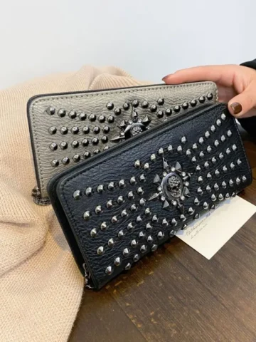 Women Fashion Gothic Rivet Skull Long Multi Card Ports Purses