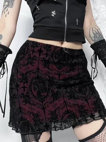 Summer Women Fashion Gothic Velvet Lace Double Skirt