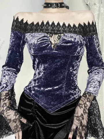 Women Fashion Sexy Gothic Off Shoulder Lace Long Sleeve Top