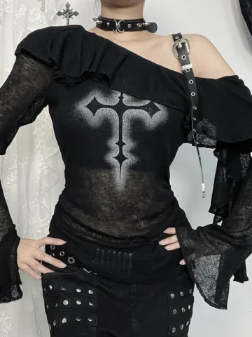 Women Fashion Sexy Dark Gothic Oblique Shoulder Belt Buckle Shoulder Long Sleeve Top