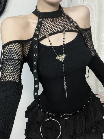 Summer Women Fashion Sexy Gothic Fishing Net Stitching Long Sleeve Top