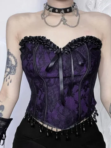 Summer Women Fashion Sexy Gothic Dark Pattern Jacquard Lace Strapless Vest