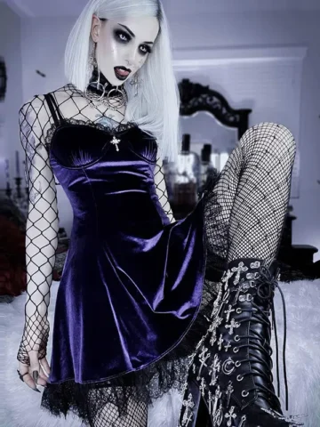 Women Fashion Dark Gothic Lace Low-Cut Sling Dress