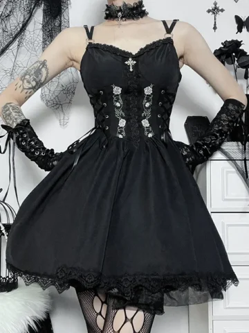 Summer Women Fashion Sexy Gothic Lace Sling Dress