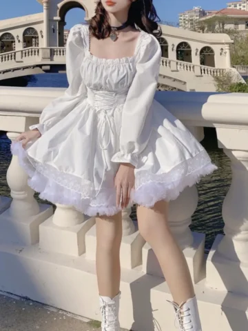 Women Fashion Gothic Lace Puff Sleeve Dress