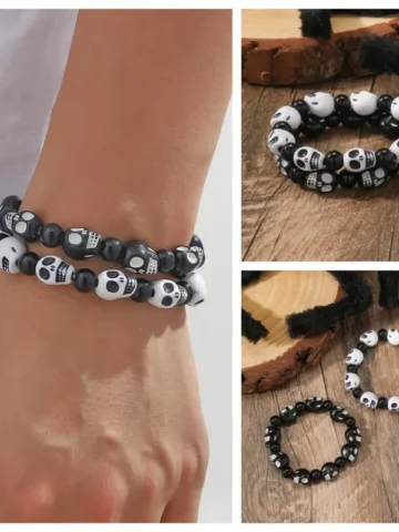 Women Diablo Gothic Halloween Skull Beaded Stretch Bracelet 2pcs-Set