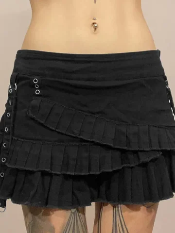 Women'S Fashion Gothic Edgy Irregular Low Waist Pleated Tiered Denim Skirt