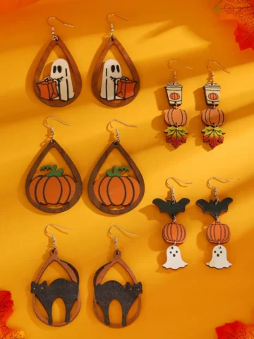 Halloween Women Cartoon Gothic Black Cat Ghost Pumpkin Wooden Double Sided Earrings