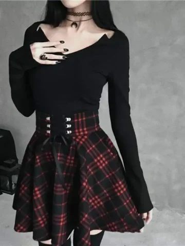 Women Fashion Academy Gothic Plaid Long Sleeve Pleated Dress