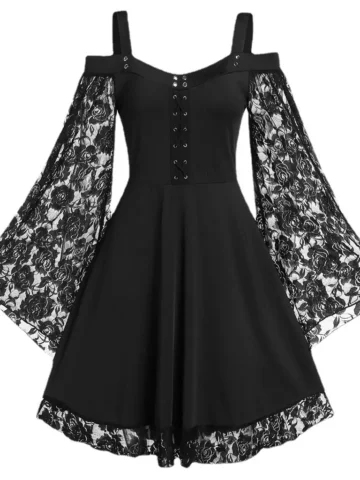 Women Fashion Vintage Gothic Lace Stitching Horn Sleeve Dress