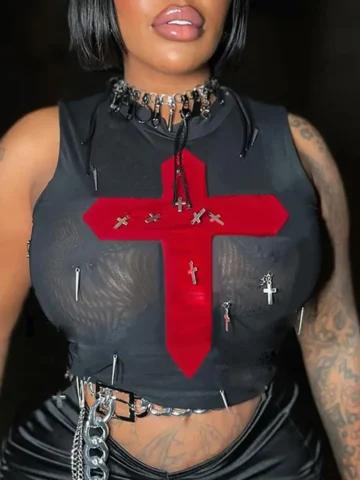 Women Gothic Punk Summer See-Through Mesh Metal Cross Sexy Crop Top