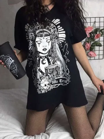 S- L Women Gothic Style Printed Loose T-shirt