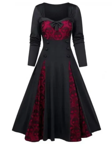 Women Gothic Skull Lace Stitching Color Contrast Dress