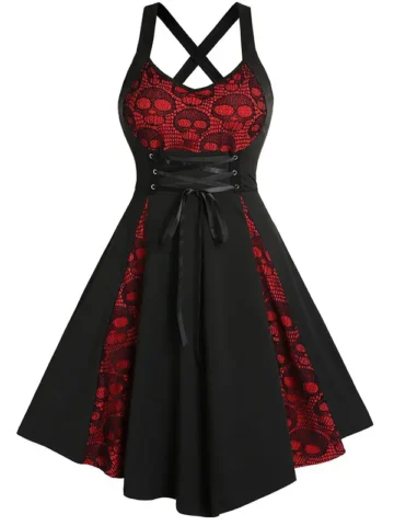 Gothic Women Fashion Skull Lace Stitching Dress