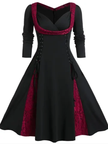 Plus Size Gothic Women Elegant Lace Stitching Long Sleeve Dress