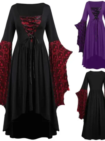 Plus Size Halloween Women'S Gothic Skull Skull Lace Strap Irregular Vintage Lotus Sleeve Dress