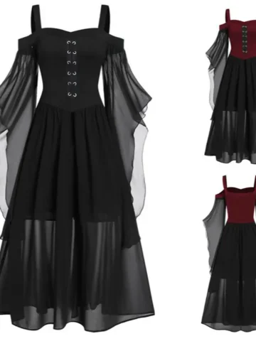 Plus Size Gothic Women Solid Color Mesh Stitching Dress