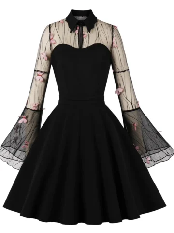 Plus Size Gothic Women Mesh Embroidered Horn Sleeve Stitching Vintage Dress