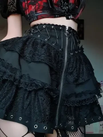 Summer Women Dark Gothic Lace Stitching Drawstring Strap Skirt