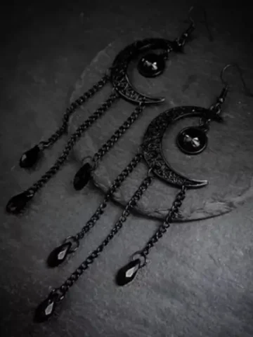 Gothic Halloween Black Moon Tassel Earrings
