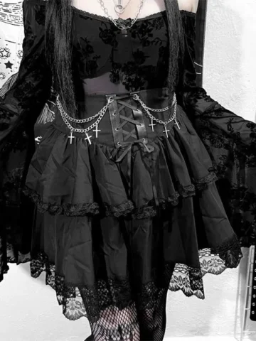 Halloween Women Gothic Fashion High Waist Strap Cross Chain Punk Style Lace Skirt