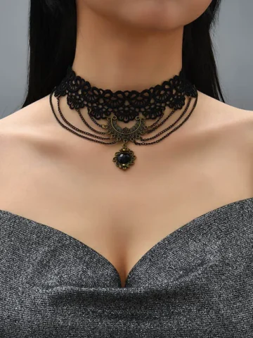 Women Simple Gothic Hollow Chain Multi-Layer Lace Necklace