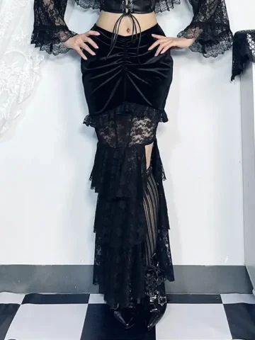 Women Fashion Dark Gothic Lace Stitching Fishtail Skirt