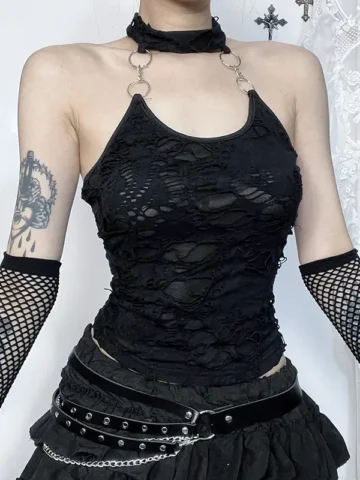 Summer Women Fashion Sexy Dark Gothic Holed Halter Neck Backless Top