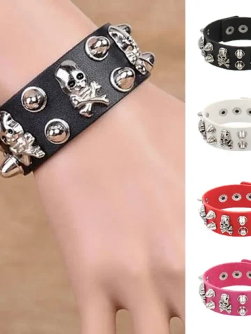 Gothic Punk Compound Skull Wide Leather Bracelet