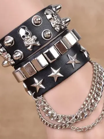 Gothic Punk Skull Rivet Multi-Layer Chain PU Bracelet