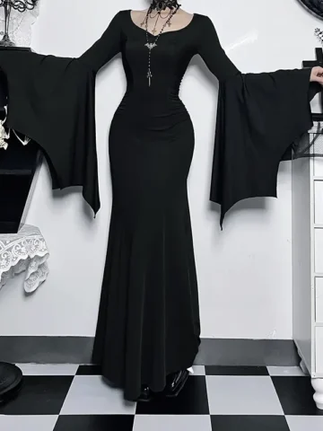 Women Gothic Style Solid Color Long Sleeve Maxi Dress