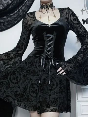 Gothic Style Women Fashion Long Sleeve Flocking Horn Sleeve Dress