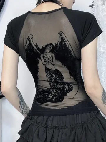 Summer Women Fashion Dark Gothic Backless Flocking Printed Round Neck Short-Sleeved T-Shirt