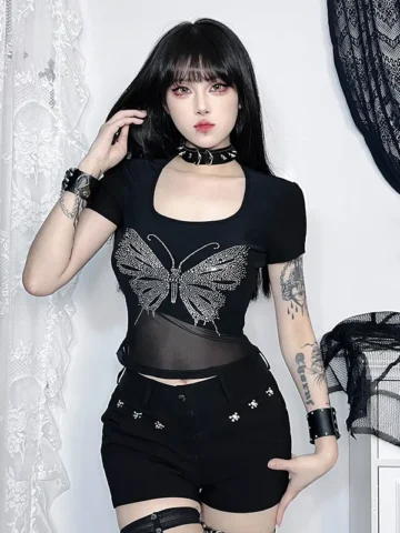 Summer Edgy Gothic Women Rhinestone Square Neck Short Sleeve Crop T-Shirt Top
