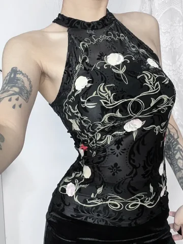 Gothic Women Sexy Printed Flocking Neck Tanks
