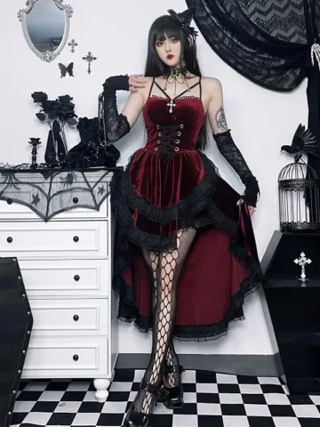 Women Fashion Sexy Gothic Lace Splicing Lace-Up Camisole Slim-Fit Dress