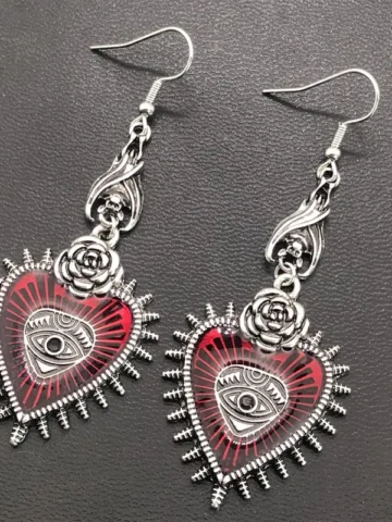 Women Dark Gothic Punk Rose Heart-Shaped Scarlet Eyes Oil Bat Earrings