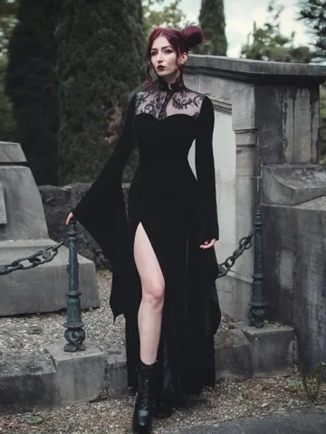Gothic Sexy Split Lace Hollow Stitching Long Bell Sleeve Dress
