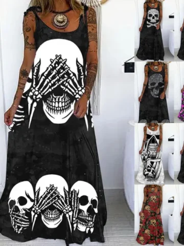 Halloween Women Fashion Casual Gothic Skull Head Floral Graphic Print Maxi Dress