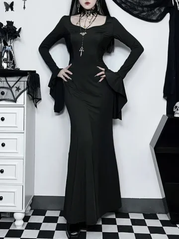 Women Dark Gothic Long Sleeve Slim Fishtail Maxi Dress