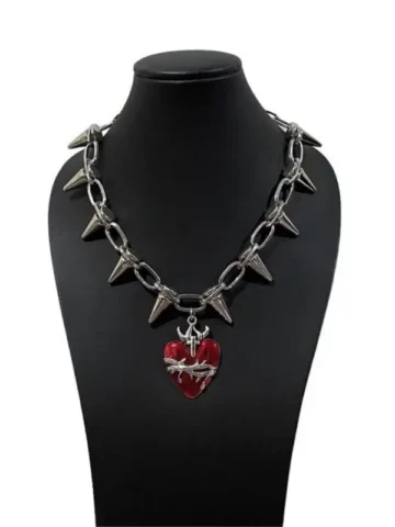 Women Fashion Diablo Gothic Handmade Oil Dropping Rivet Heart-Shaped Necklace