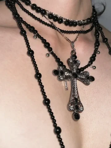 Women Fashion Retro Dark Gothic Rhinestone Cross Multi-Layer Black Pearl Beaded Necklace