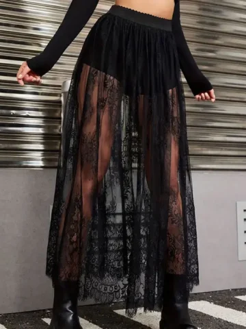 Summer Women Fashion Dark Gothic Lace See-Through Skirt