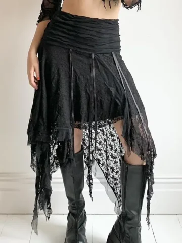 Women Diablo Gothic High Waist Creased Irregular Lace Skirt